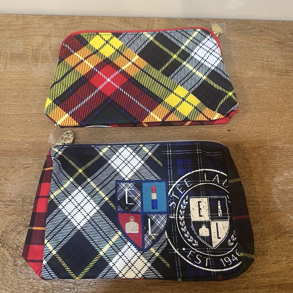 Estée Lauder Plaid Tartan Cosmetic Makeup Bag Lot of 2 Travel Zip Pouch NEW - Picture 2 of 10